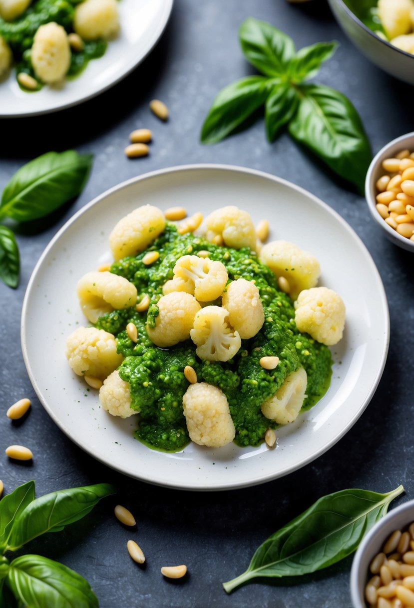 A steaming plate of cauliflower gnocchi topped with vibrant green pesto, surrounded by fresh basil leaves and pine nuts