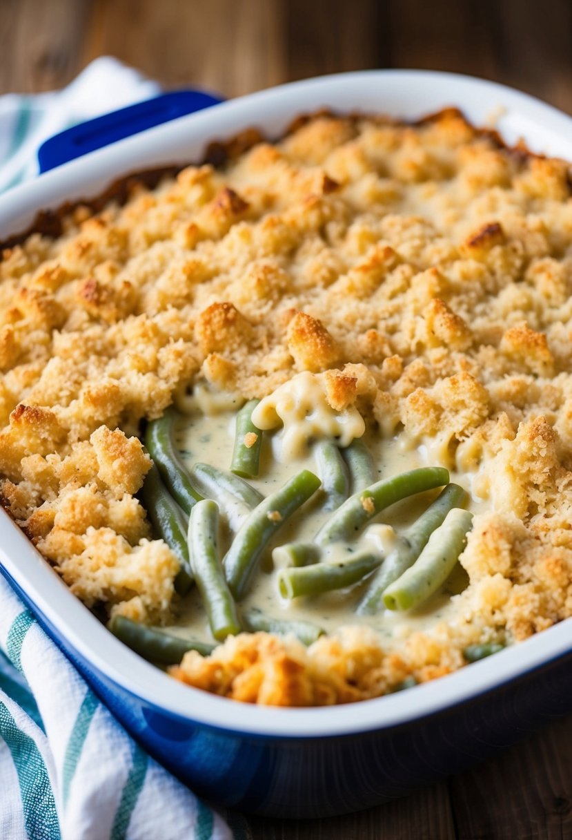 A bubbling casserole dish filled with creamy green bean Alfredo, topped with a golden bread crumb crust