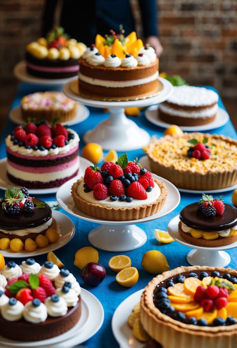 A table filled with colorful and delicious desserts, including cakes, pies, and pastries, surrounded by fresh fruits and decorative garnishes