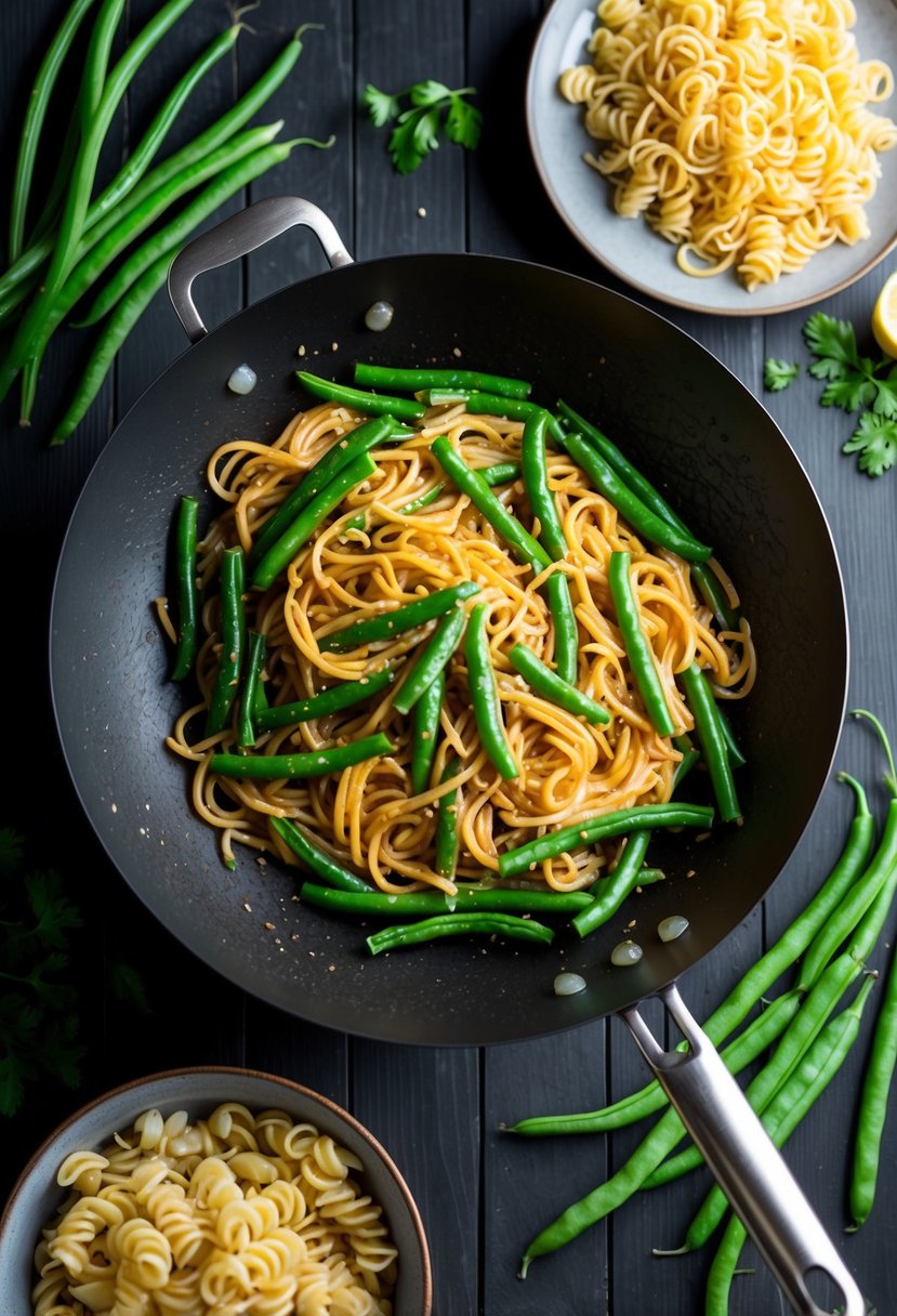 A wok filled with sesame green bean lo mein, surrounded by fresh green beans and pasta