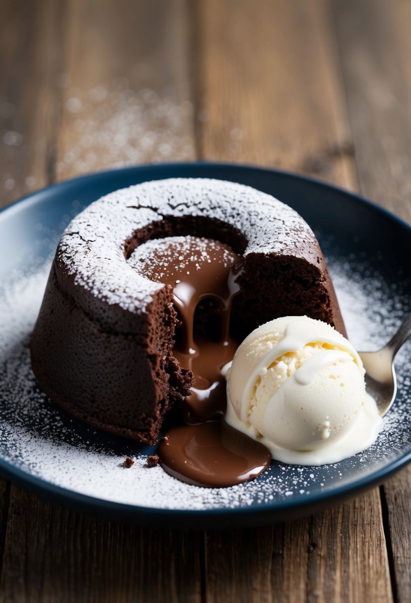 A rich chocolate lava cake oozing with molten center, surrounded by a dusting of powdered sugar and a scoop of vanilla ice cream