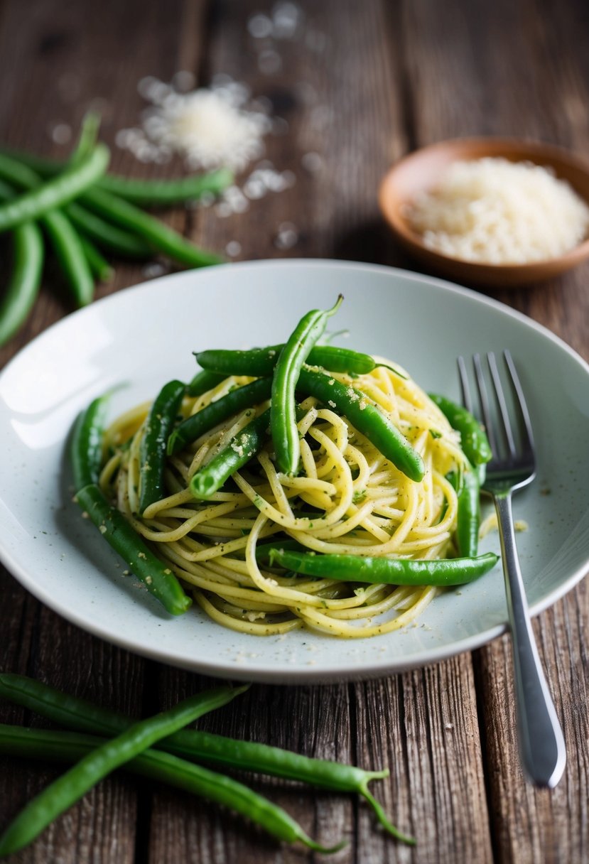 A plate of green bean pesto spaghetti with fresh green beans and pasta