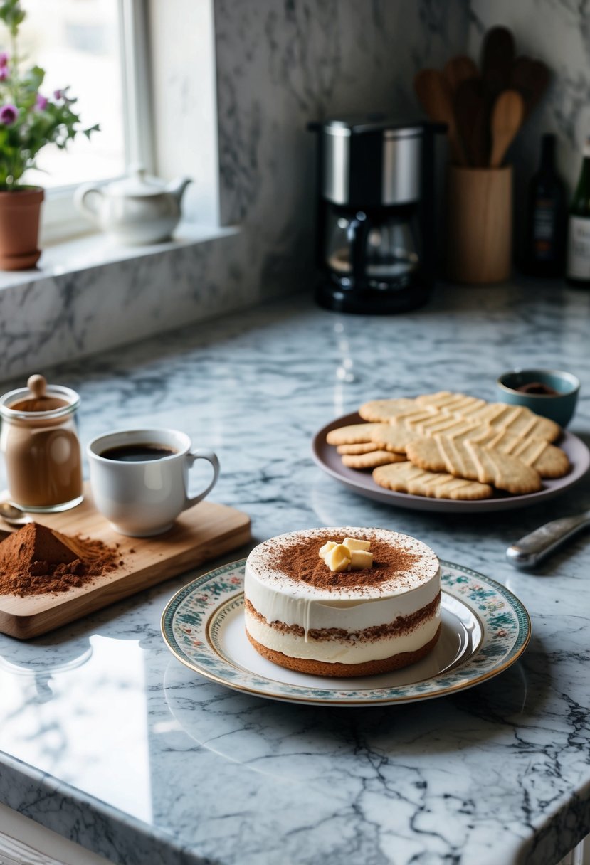 A rustic kitchen with a marble countertop, adorned with ingredients like cocoa powder, coffee, mascarpone cheese, ladyfinger biscuits, and a finished tiramisu dessert on a decorative plate