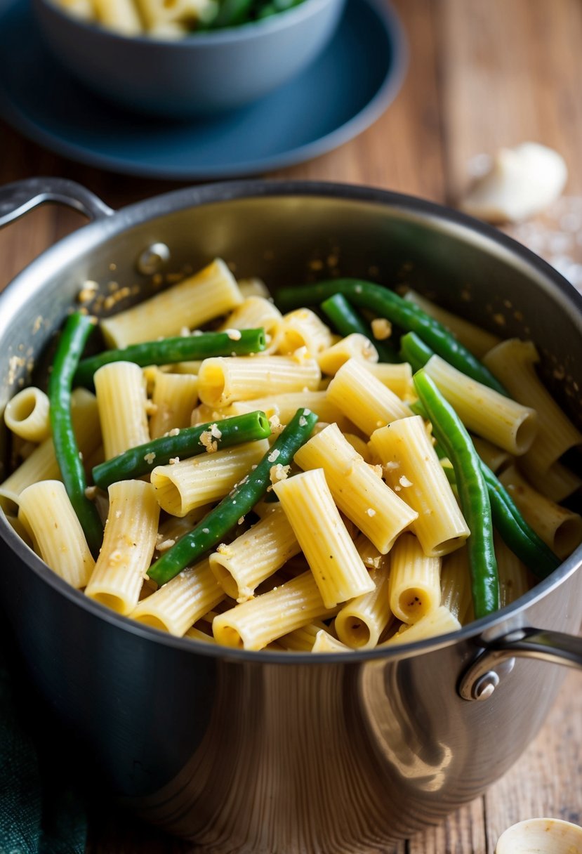 A pot of rigatoni pasta tossed with garlic butter and green beans