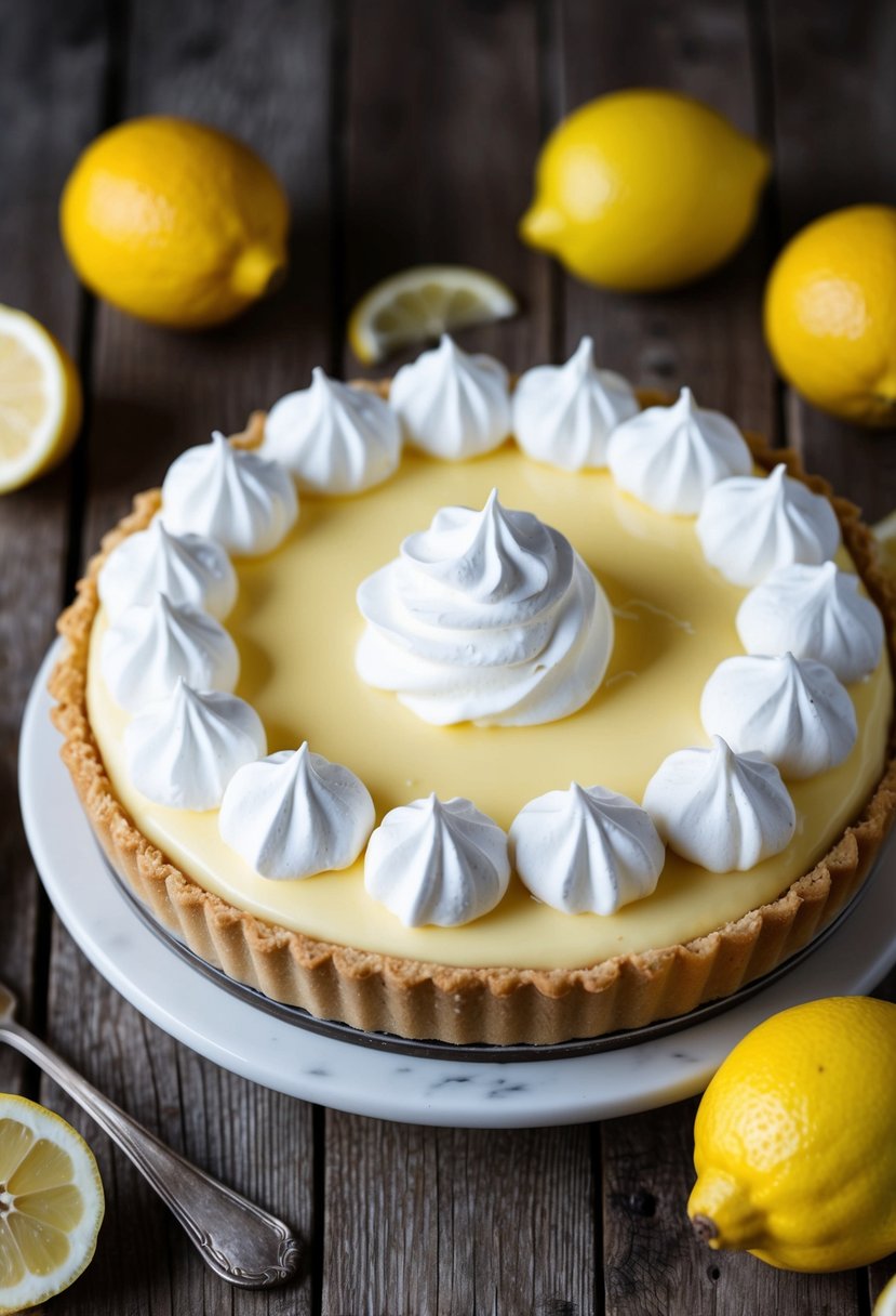 A lemon meringue pie sits on a rustic wooden table, surrounded by fresh lemons and a dollop of whipped cream