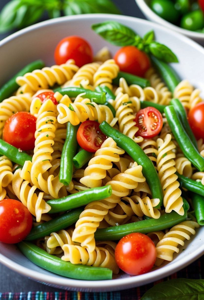 A colorful bowl of rotini pasta with green beans, cherry tomatoes, and fresh basil leaves