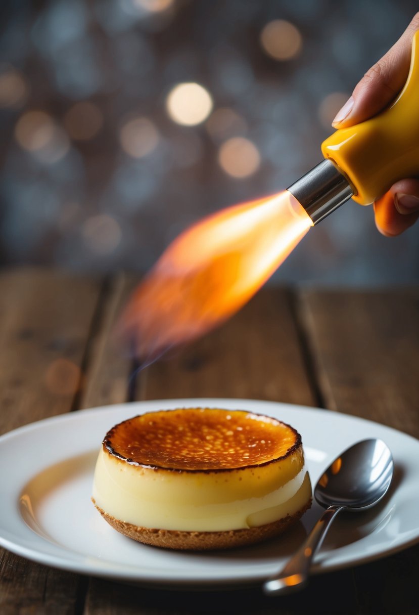 A crème brûlée being torched to create a caramelized top, with a spoon resting on the side