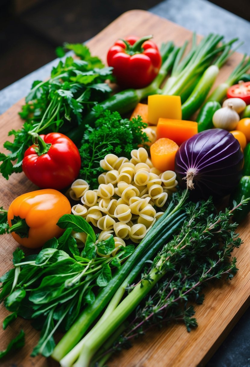 A colorful array of fresh vegetables, herbs, and gluten-free pasta arranged on a wooden cutting board