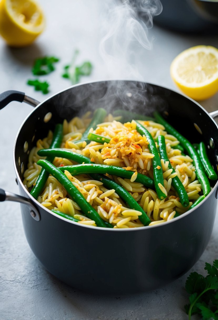 A steaming pot of orzo and green beans tossed in a zesty chili lemon sauce