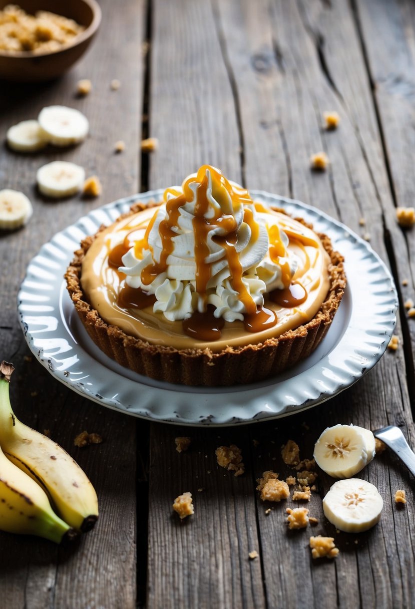 A Banoffee Pie sits on a rustic wooden table, topped with whipped cream and caramel drizzle, surrounded by scattered banana slices and crumbs