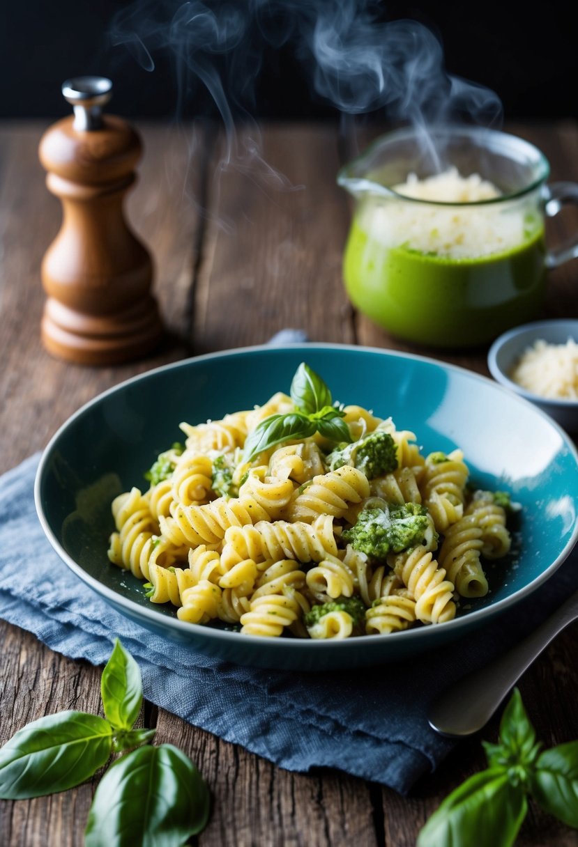 A steaming plate of chickpea fusilli with basil pesto sits on a rustic wooden table, garnished with fresh basil leaves and a sprinkle of parmesan cheese