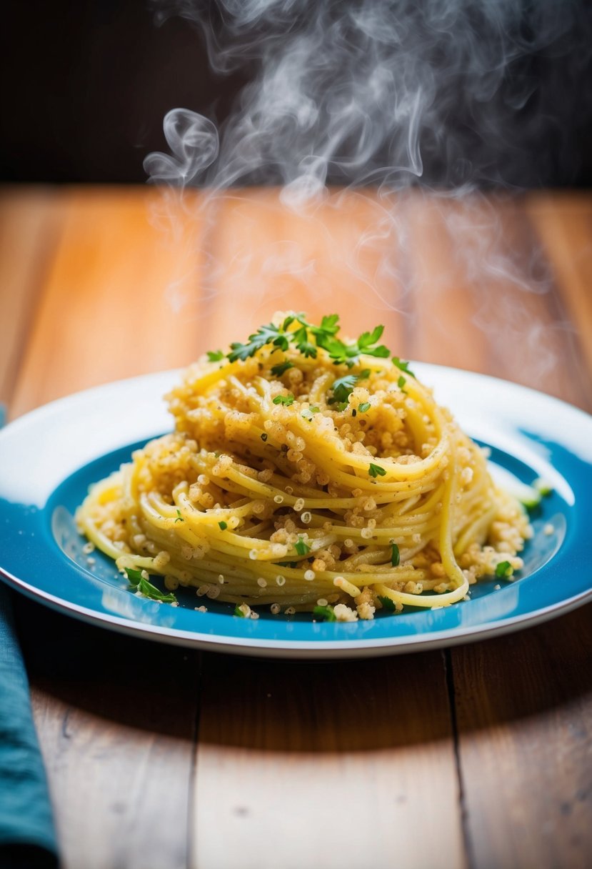 A steaming plate of quinoa spaghetti coated in garlic and olive oil, with a sprinkle of fresh herbs on top