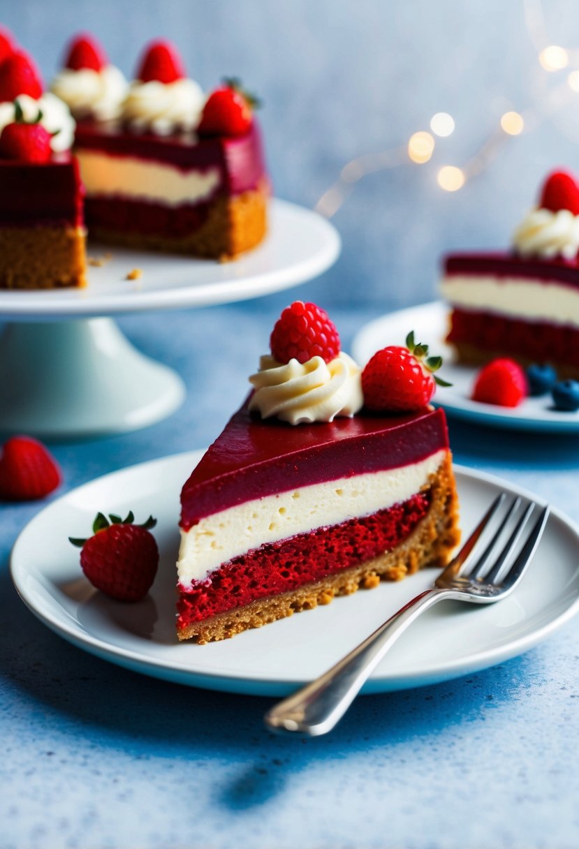 A decadent slice of red velvet cheesecake topped with cream and berries on a white dessert plate