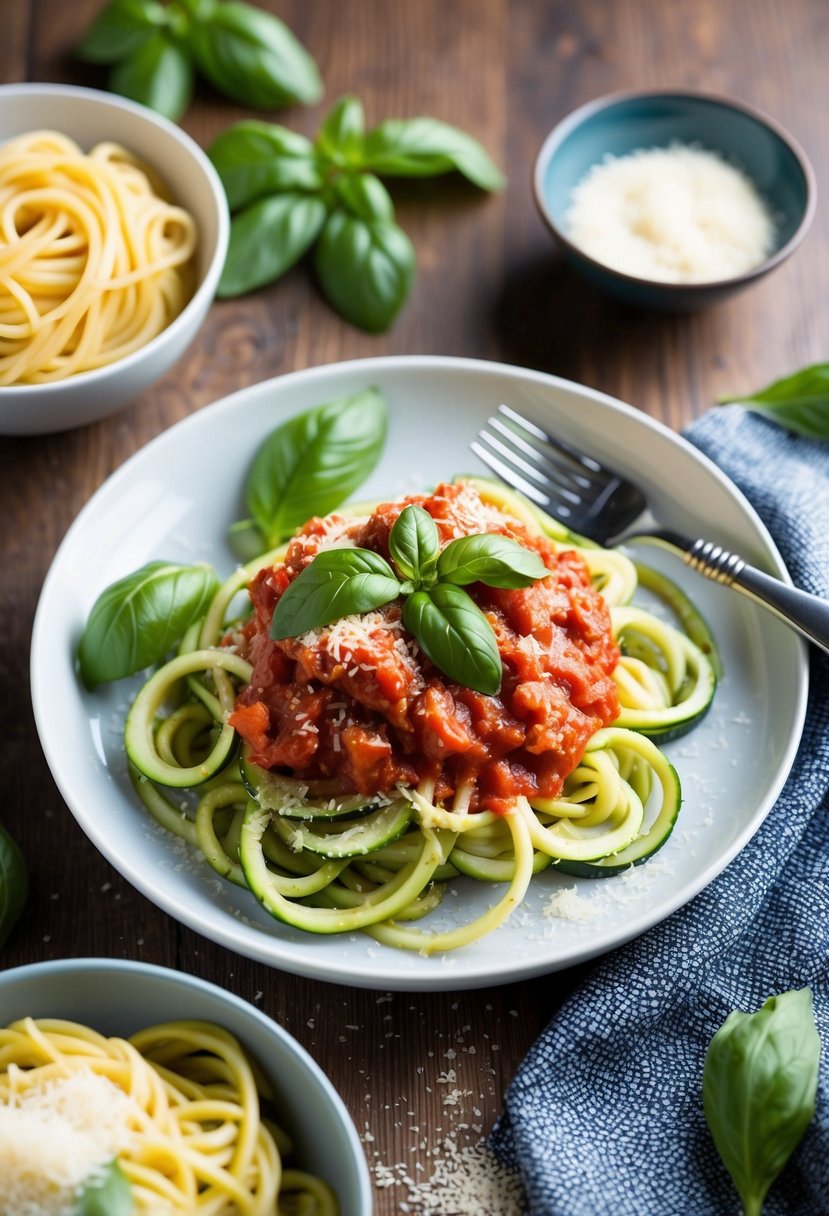 A plate of zucchini noodles topped with marinara sauce, garnished with fresh basil and grated parmesan cheese, accompanied by a side of gluten-free pasta