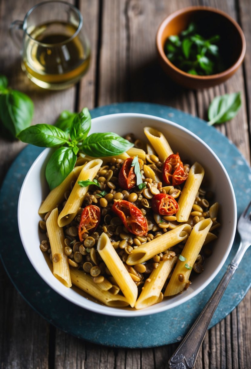 A steaming bowl of lentil penne with sun-dried tomatoes, garnished with fresh basil, sits on a rustic wooden table