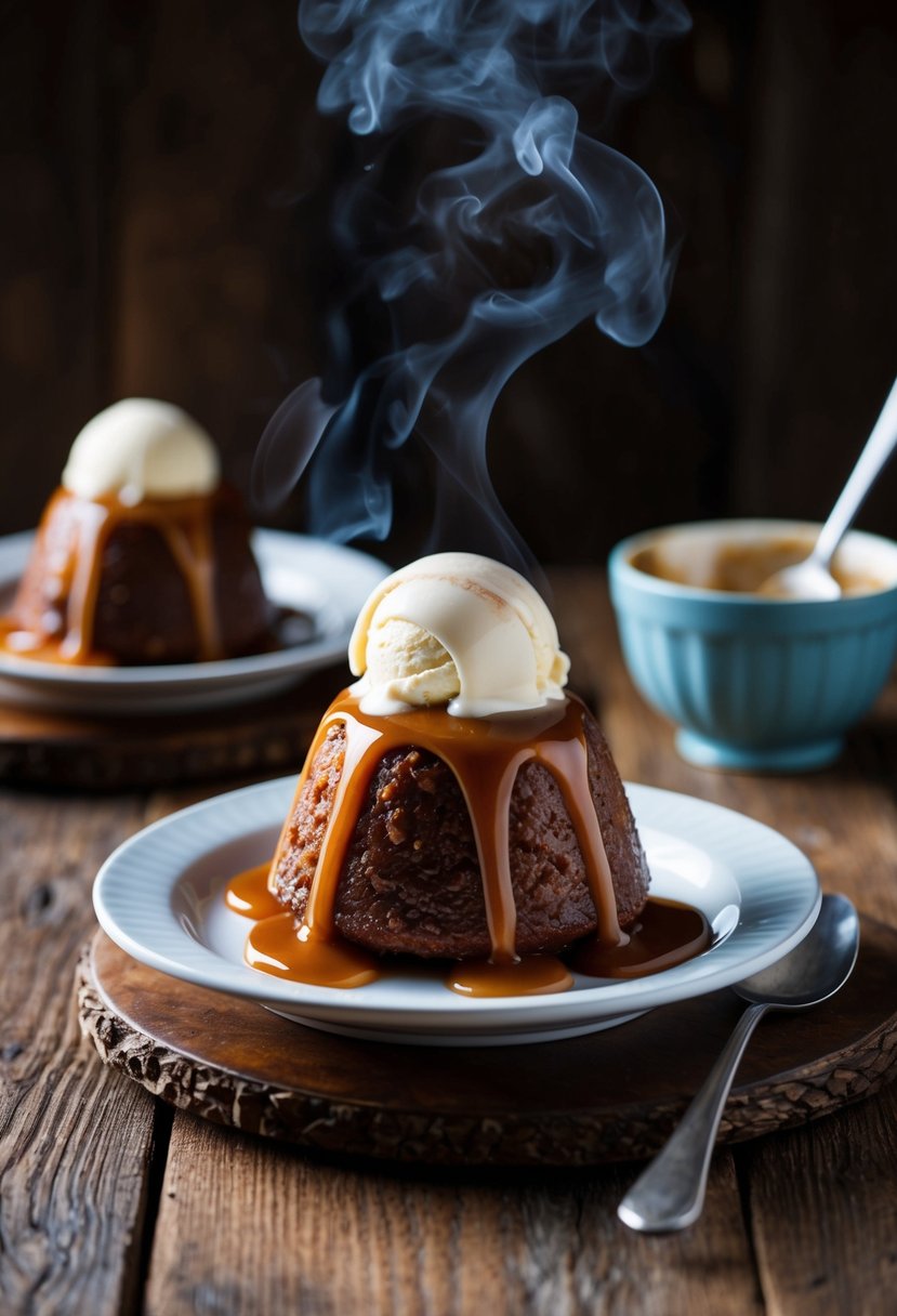 A steaming sticky toffee pudding sits on a rustic wooden table, drizzled with a rich caramel sauce and topped with a dollop of creamy vanilla ice cream