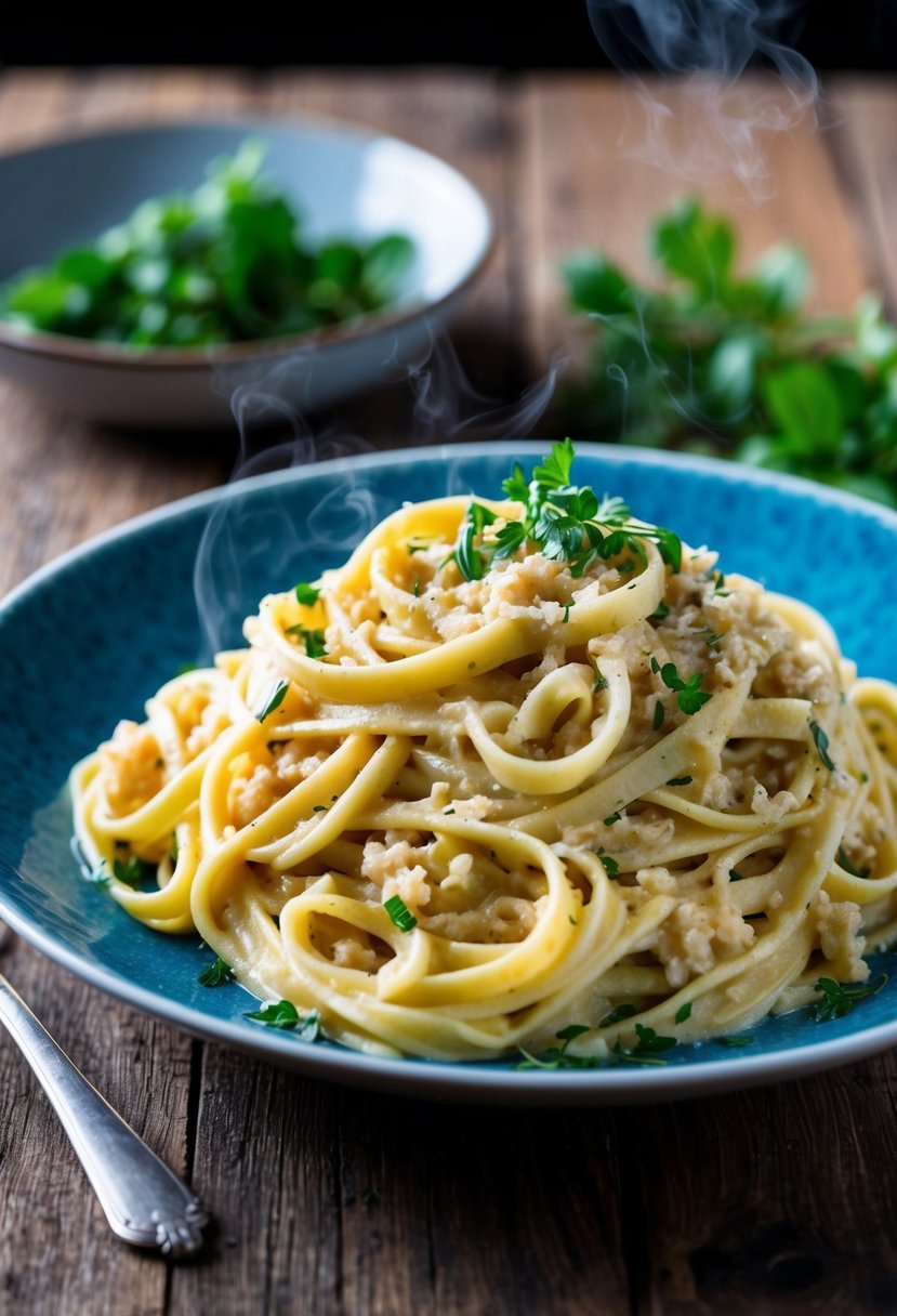 A steaming plate of brown rice fettuccine Alfredo, garnished with fresh herbs and served on a rustic wooden table