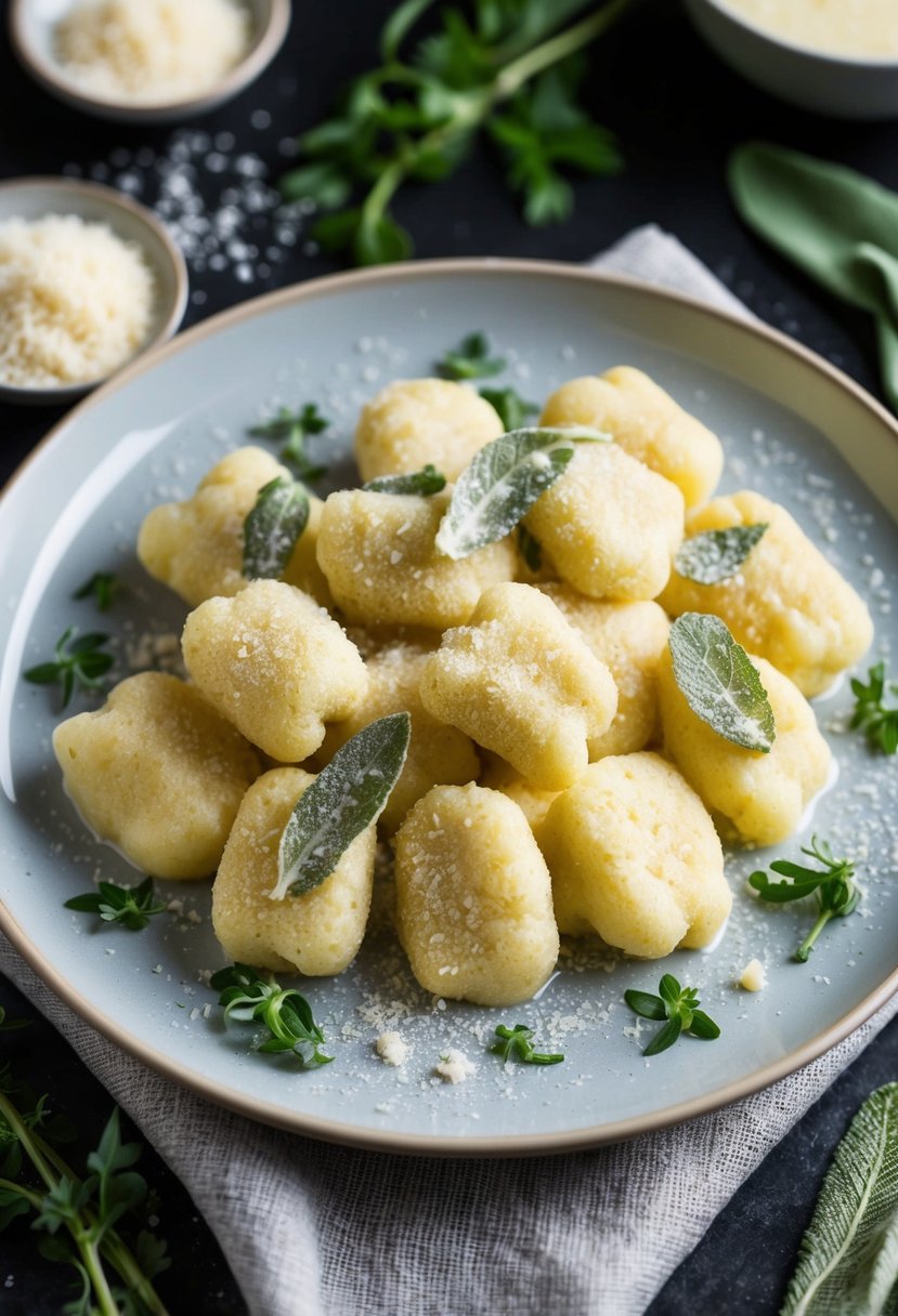 A steaming plate of cauliflower gnocchi drizzled with sage butter, surrounded by fresh herbs and a scattering of parmesan cheese