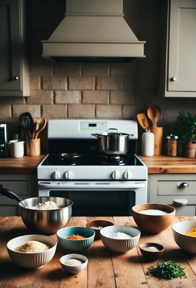 A rustic kitchen with a stovetop, mixing bowls, and various ingredients laid out on a wooden countertop for baking recipes without an oven