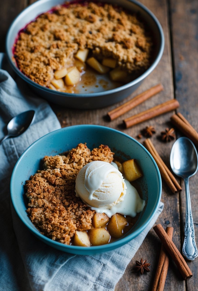 A rustic kitchen table with a freshly baked apple crumble surrounded by scattered cinnamon sticks and a dollop of vanilla ice cream