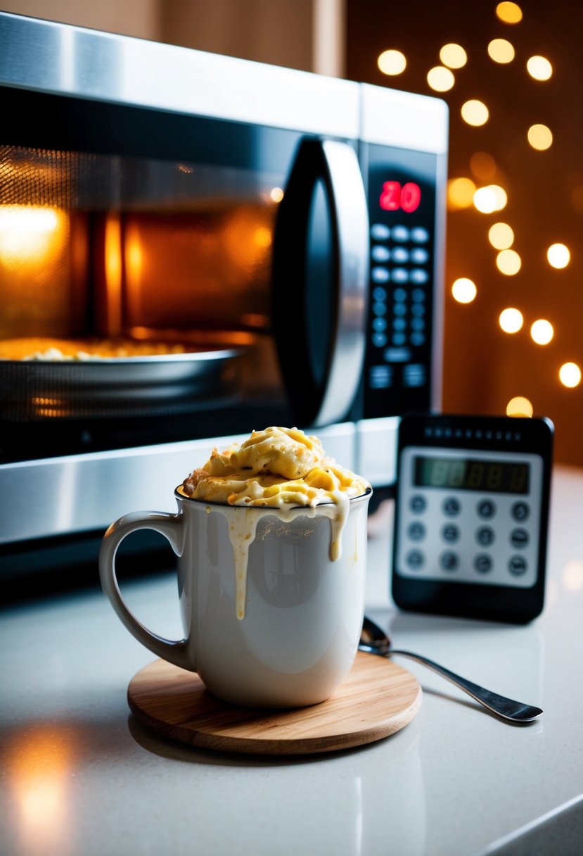 A mug with cake batter, a microwave, and a timer