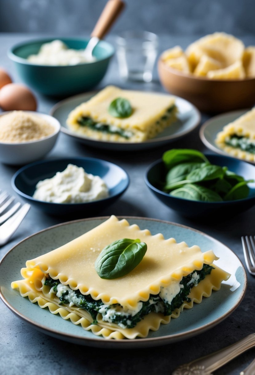 A table set with almond flour lasagna sheets, spinach ricotta filling, and various ingredients for gluten-free pasta recipes