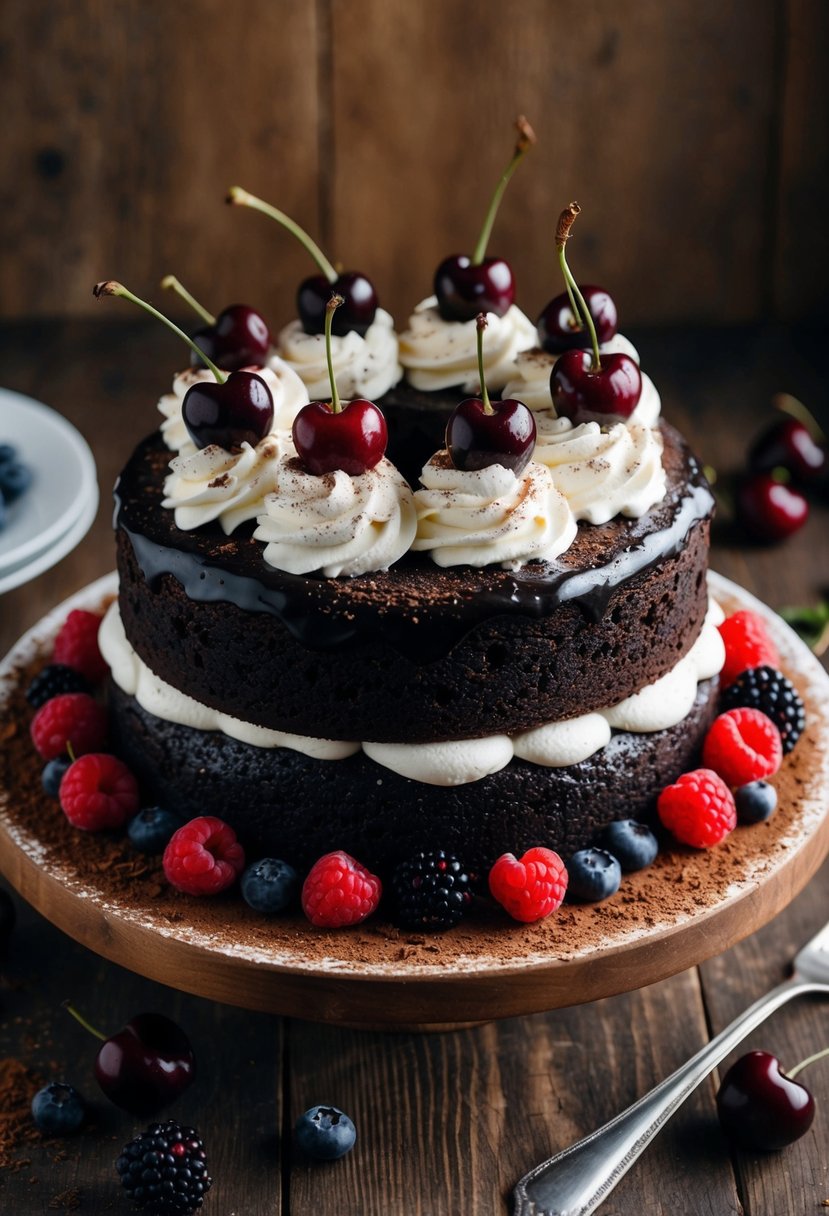 A decadent Black Forest Cake sits on a rustic wooden table, topped with whipped cream and luscious cherries, surrounded by fresh berries and a dusting of cocoa powder