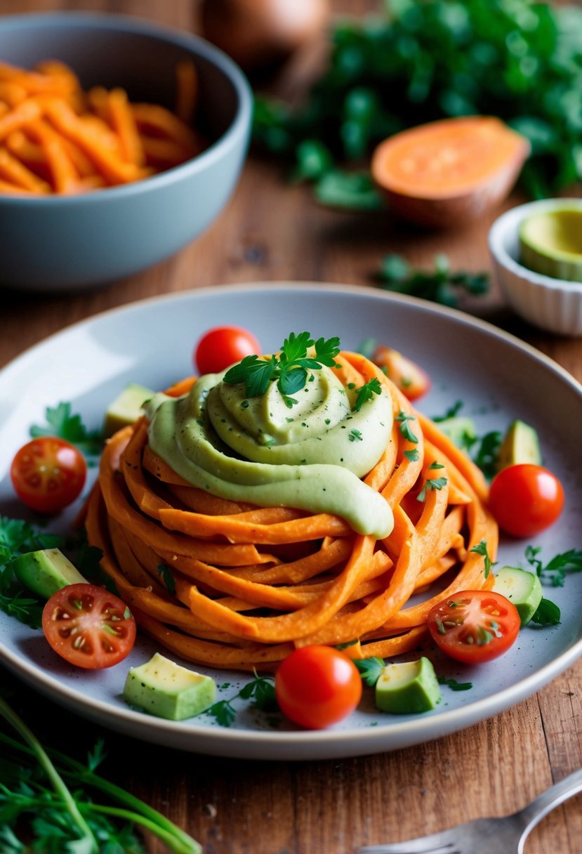 A colorful plate of sweet potato spiral pasta topped with creamy avocado sauce, garnished with fresh herbs and cherry tomatoes