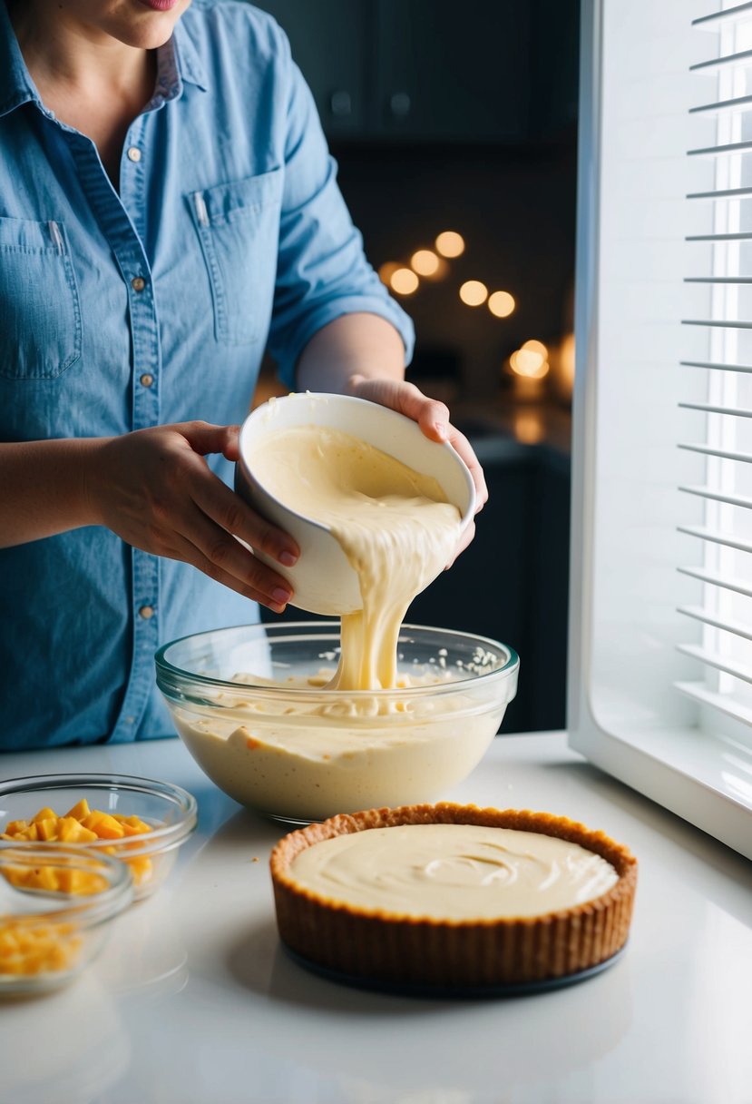 A person mixing ingredients in a bowl, pouring the mixture into a crust, and then chilling the cheesecake in the refrigerator