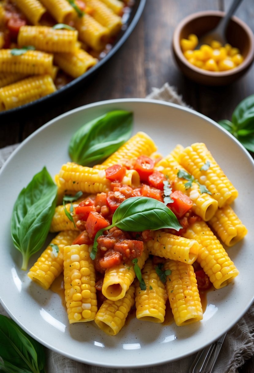 A steaming plate of corn rigatoni with tomato basil sauce, garnished with fresh basil leaves, sits on a rustic wooden table