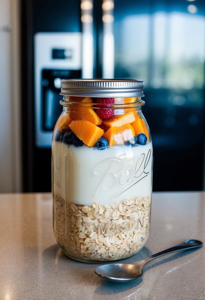 A mason jar filled with oats, milk, and fruit sits in front of an open refrigerator. A spoon rests on the counter next to it