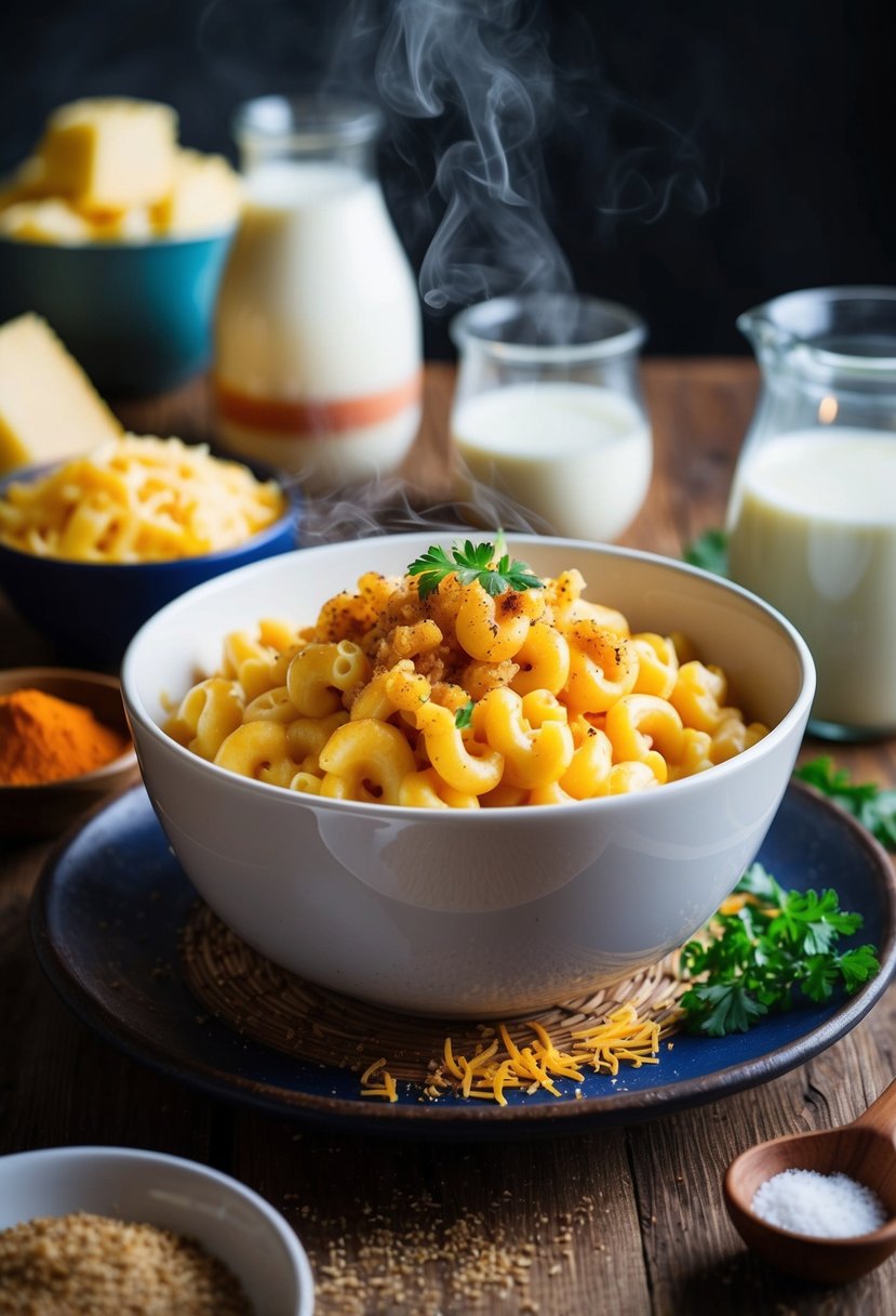 A steaming bowl of buckwheat macaroni and cheese, surrounded by colorful ingredients like cheese, milk, and spices, sits on a rustic wooden table