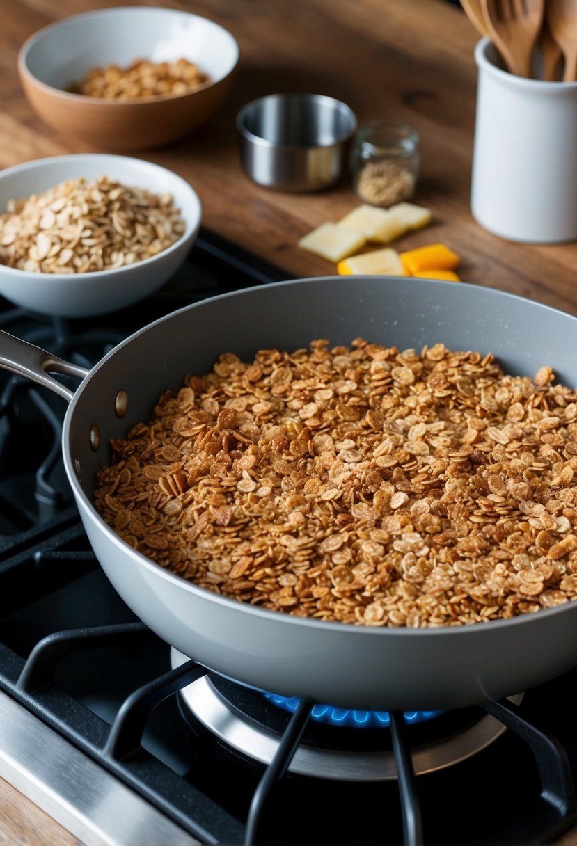 Granola mixture being pressed into a pan on stovetop. Ingredients and utensils nearby