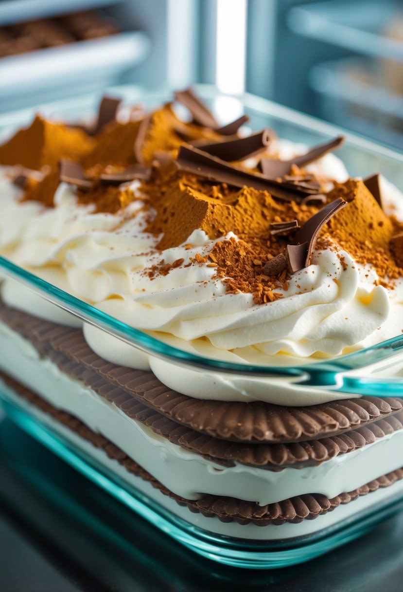 Layers of chocolate wafers and whipped cream in a glass dish, chilling in the refrigerator. Cocoa powder and chocolate shavings on top