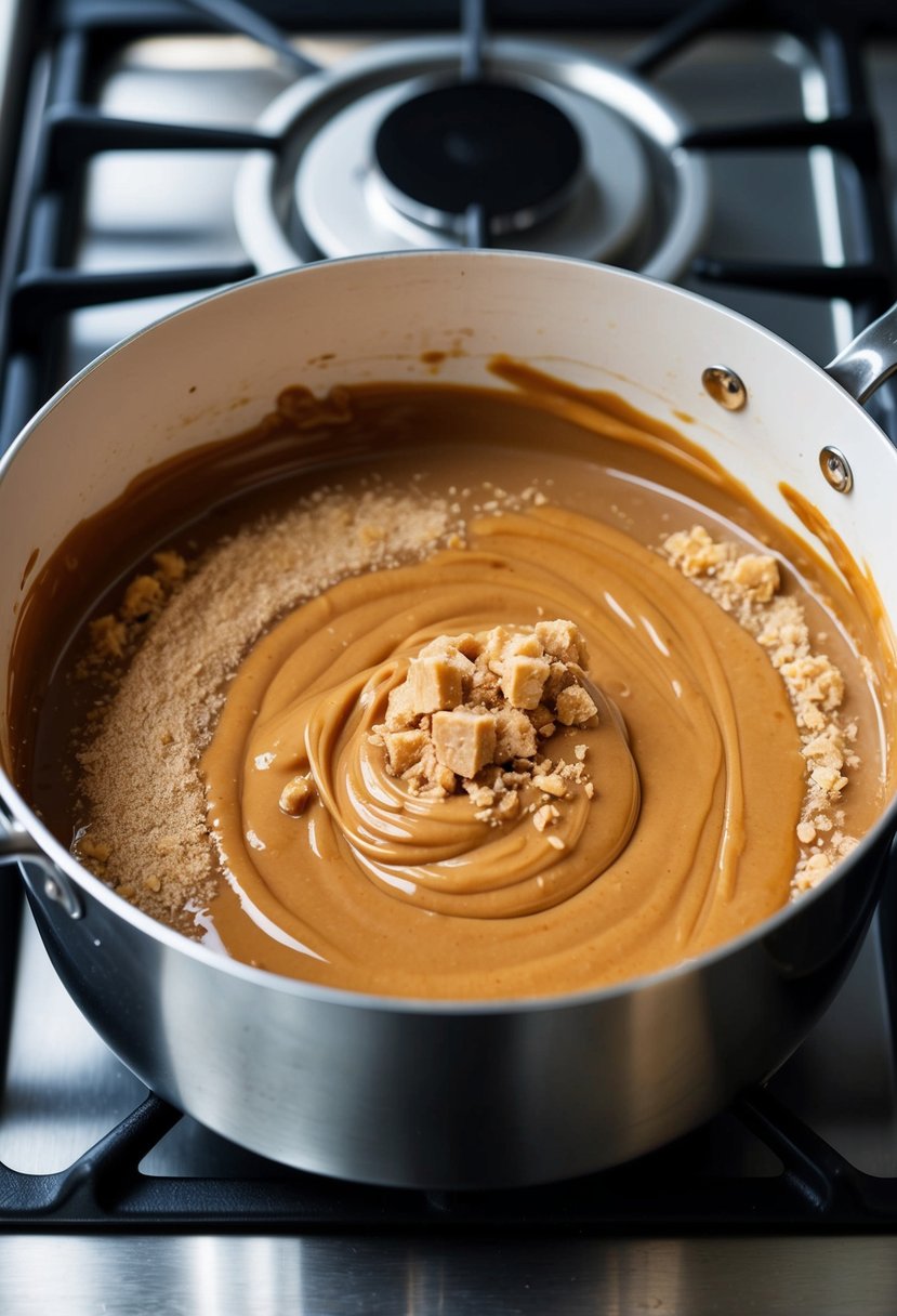 A stovetop pot with melted peanut butter and sugar, mixed with condensed milk and vanilla, then poured into a lined dish to set