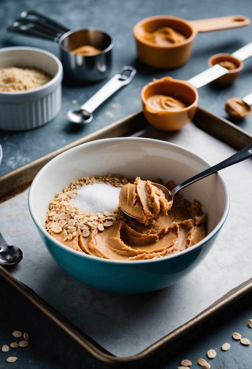 A mixing bowl filled with peanut butter, oats, and sugar, surrounded by measuring cups and spoons, with a spoonful of cookie dough being scooped onto a parchment-lined tray