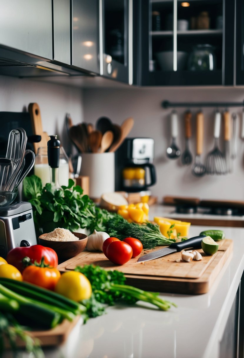 A cluttered kitchen counter with fresh ingredients, a cutting board, and various utensils, ready for cooking