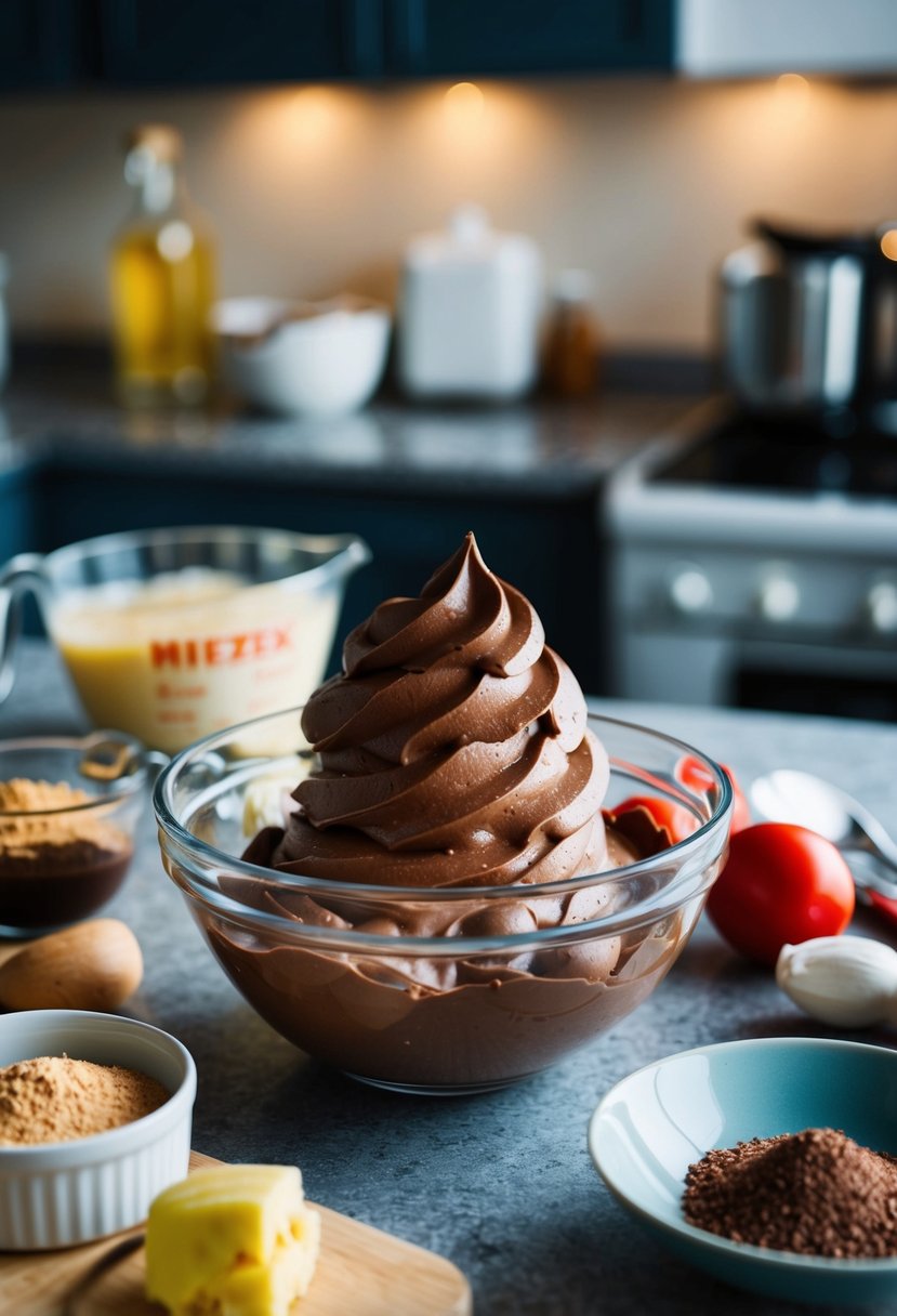 A mixing bowl with whipped chocolate mousse, surrounded by ingredients and utensils on a kitchen counter