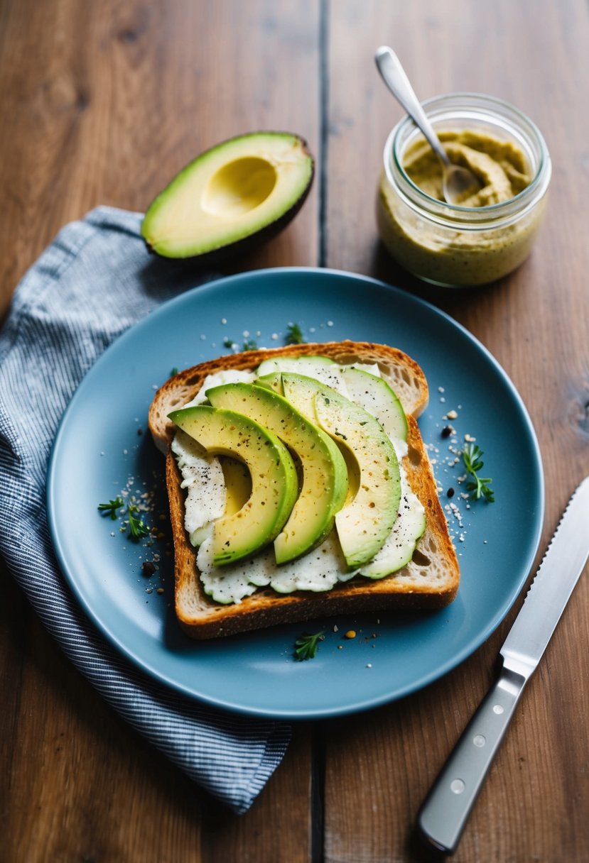 A plate with toasted bread topped with sliced avocado and various seasonings, placed on a wooden table next to a jar of spread and a knife