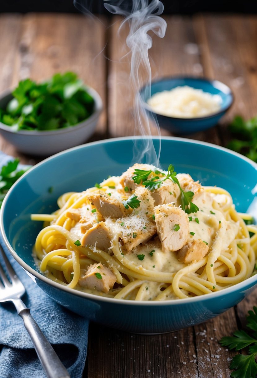 A steaming bowl of chicken alfredo pasta with creamy sauce and sprinkled with grated parmesan cheese, garnished with fresh parsley on a rustic wooden table