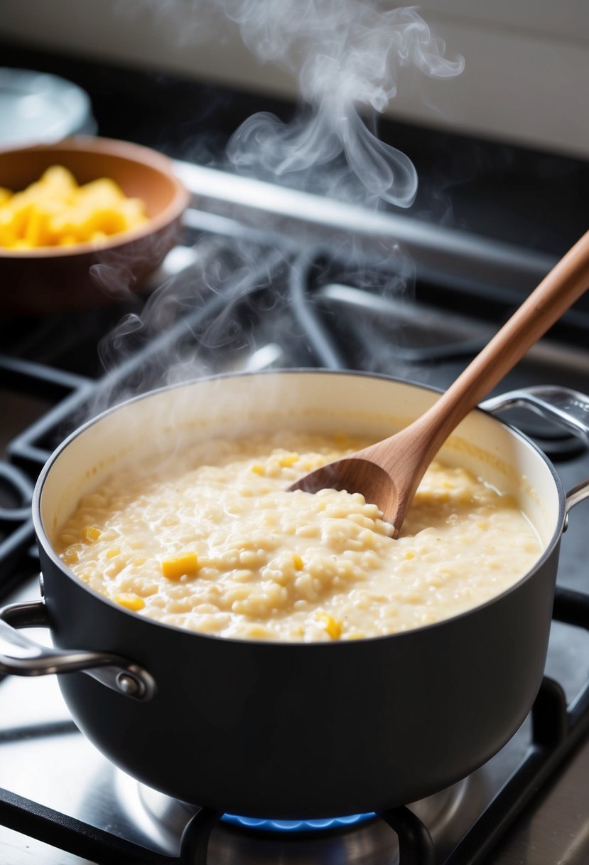 A pot of creamy rice pudding simmers on a stovetop, with a wooden spoon resting on the edge and steam rising from the bubbling mixture