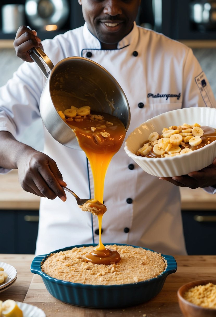 A chef mixing bananas and toffee in a bowl, pressing biscuit crumbs into a pie dish, and pouring the mixture on top