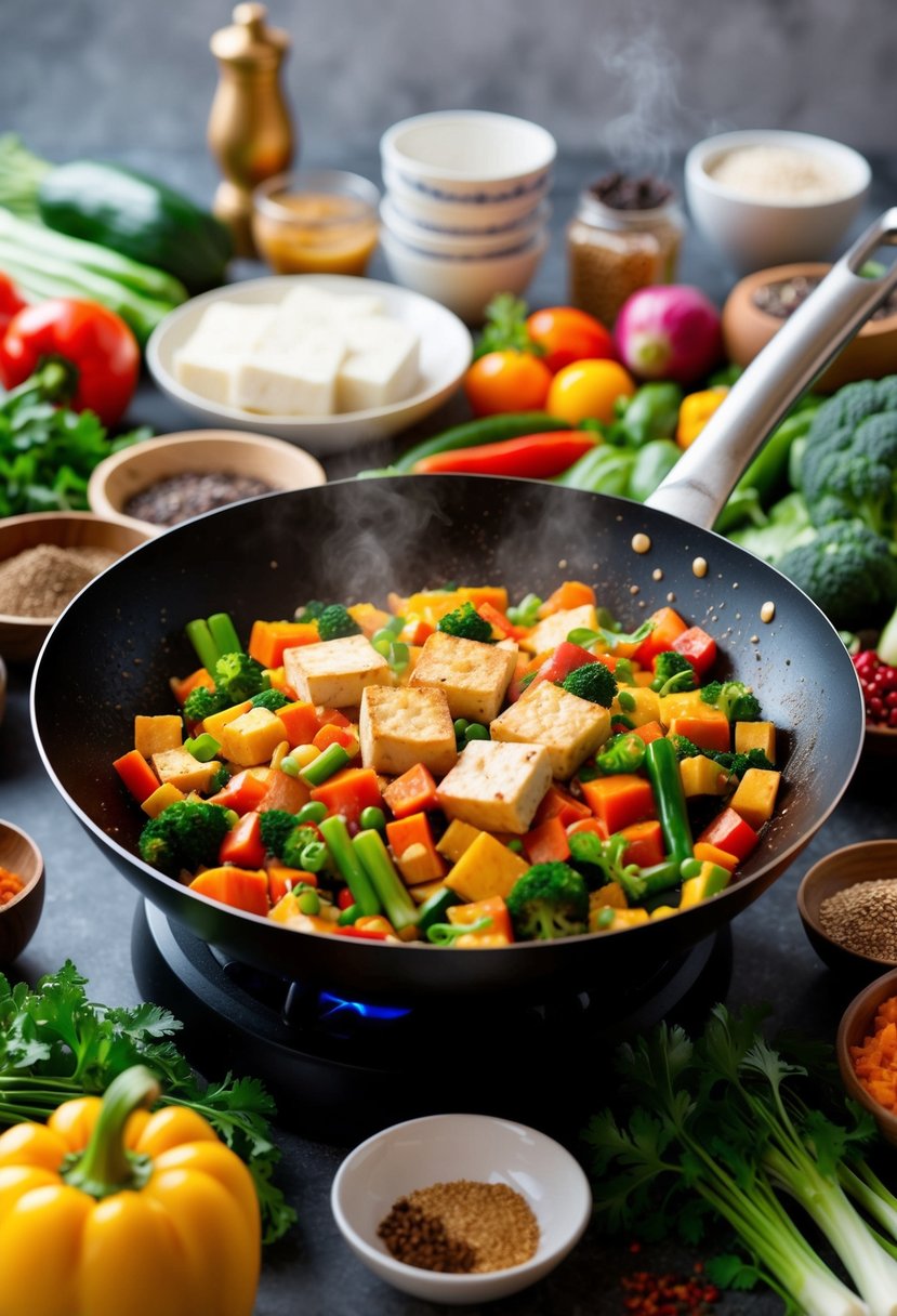 A sizzling wok filled with colorful vegetables and tofu, surrounded by an array of fresh produce and spices