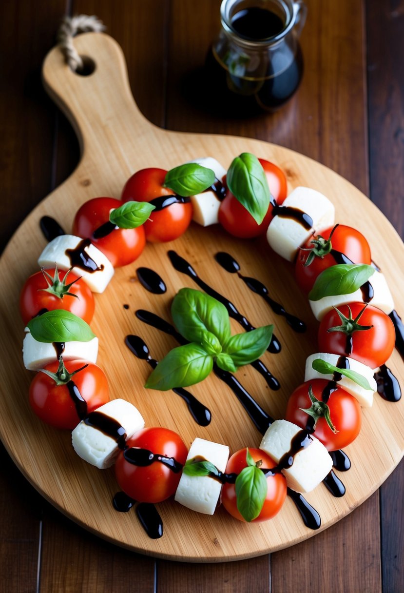 A wooden cutting board with fresh tomatoes, mozzarella, and basil leaves arranged in a circular pattern. A drizzle of balsamic glaze adds the finishing touch