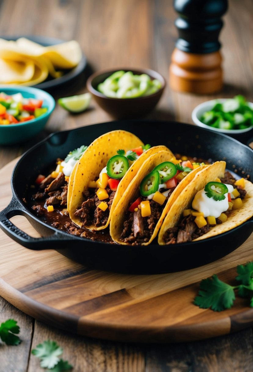 A sizzling skillet of beef tacos with colorful toppings on a wooden serving board