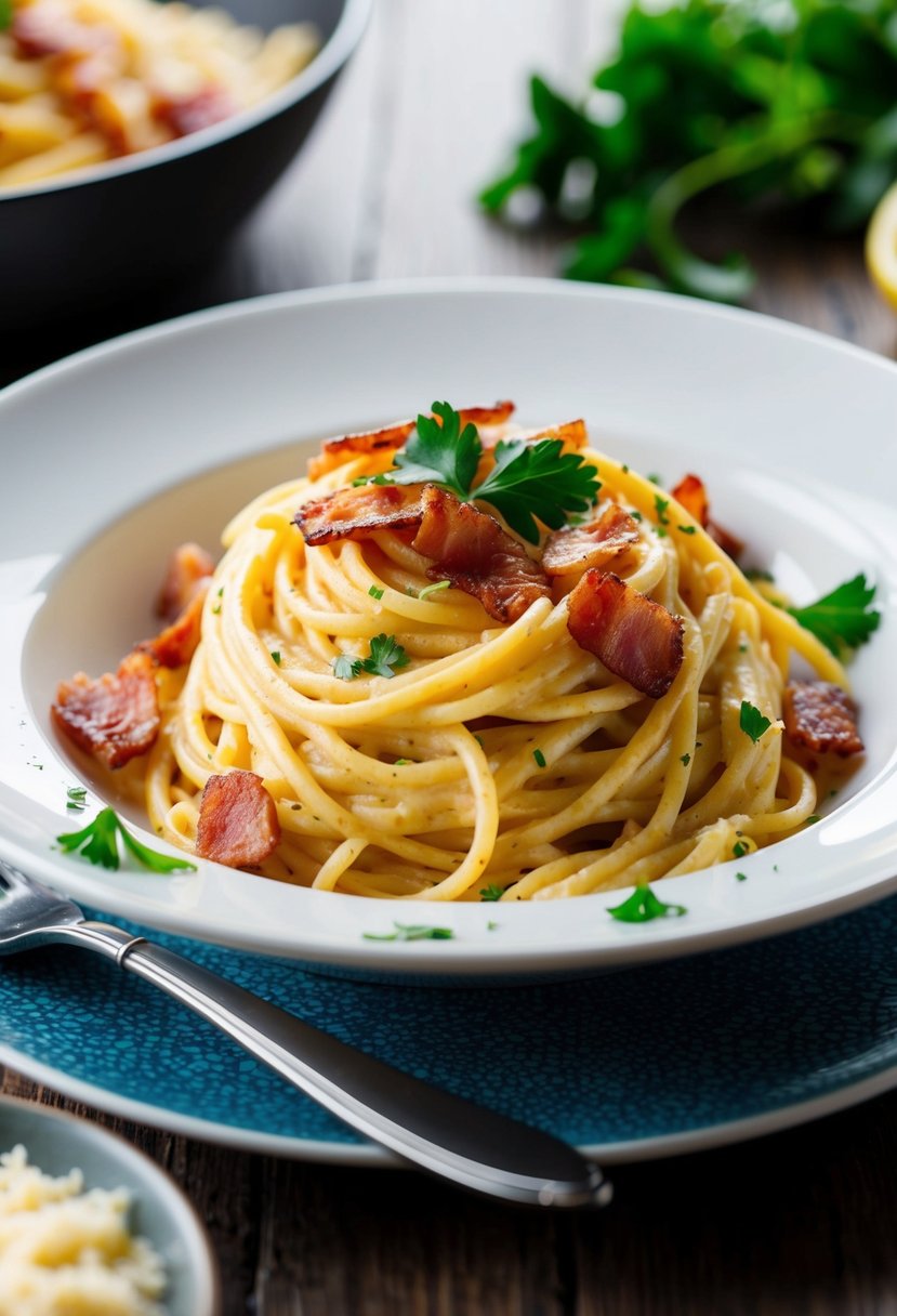 A steaming plate of spaghetti carbonara with crispy bacon and creamy sauce, garnished with fresh parsley