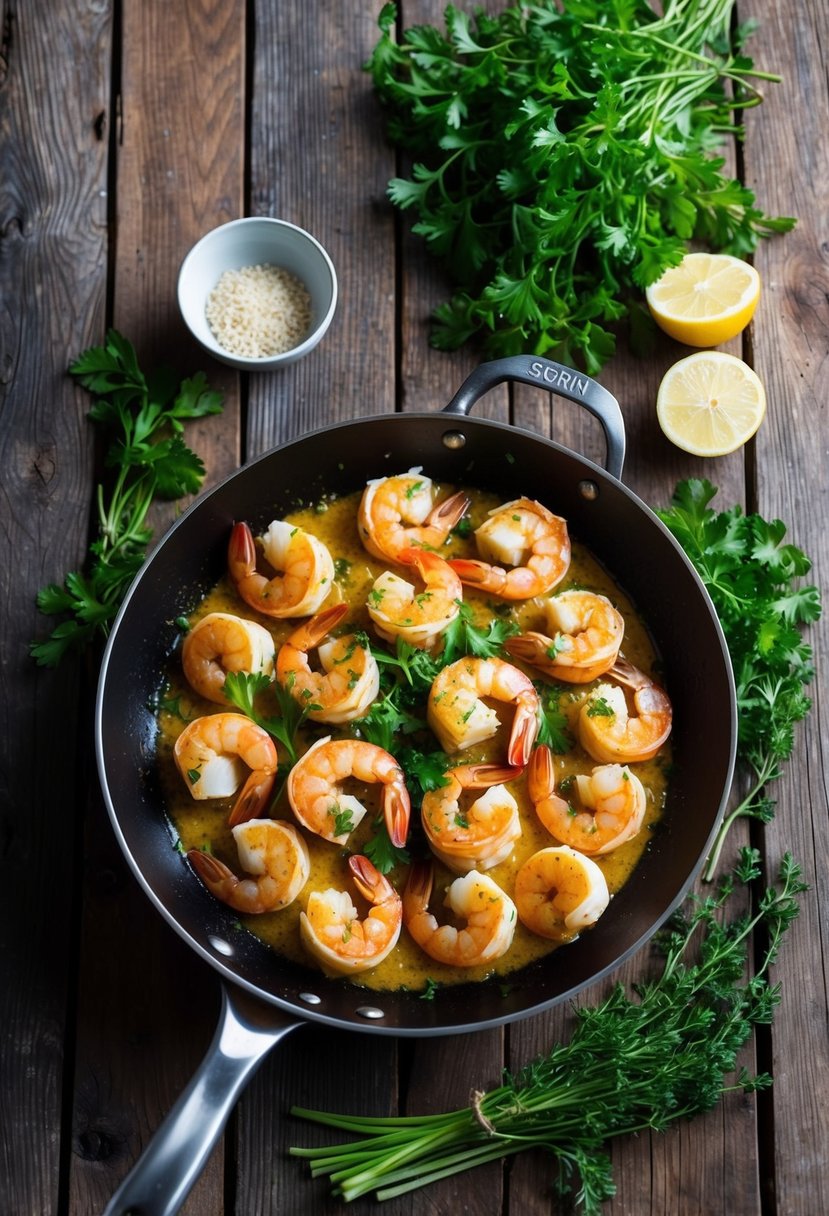 A sizzling skillet of shrimp scampi surrounded by fresh herbs and lemon slices on a rustic wooden table