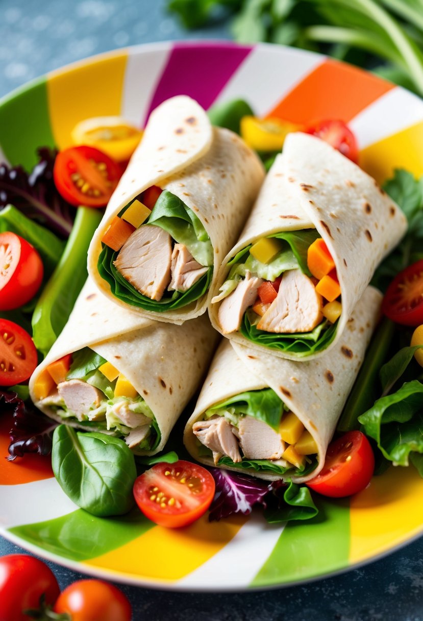 A colorful plate with a freshly made chicken Caesar wrap surrounded by vibrant, crisp vegetables