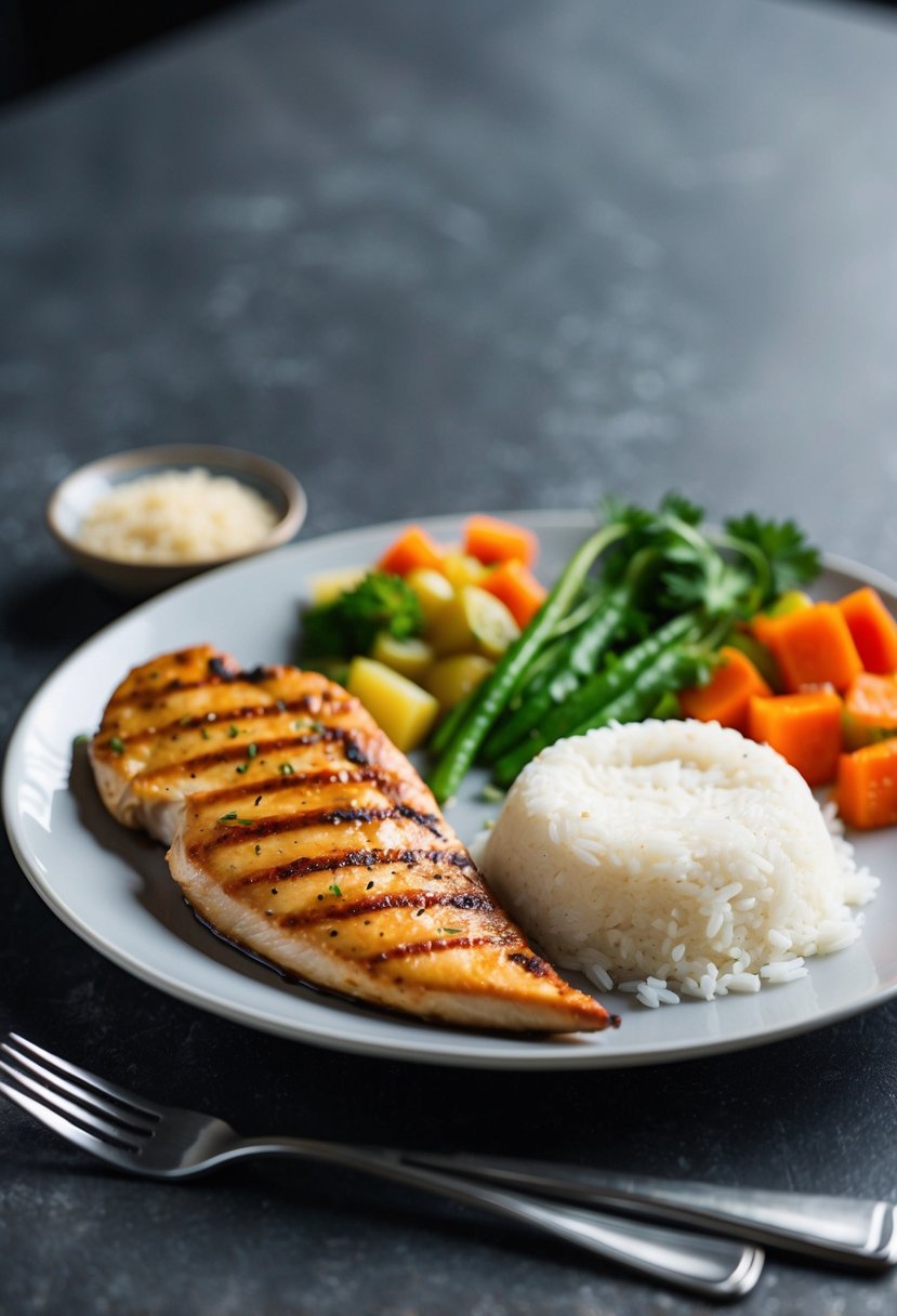 A plate of grilled chicken breast with steamed white rice and assorted vegetables on the side