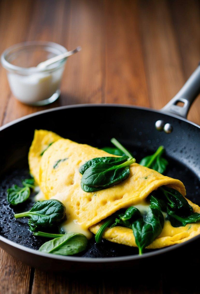 A skillet sizzling with a fluffy omelette filled with vibrant green spinach and gooey melted cheese